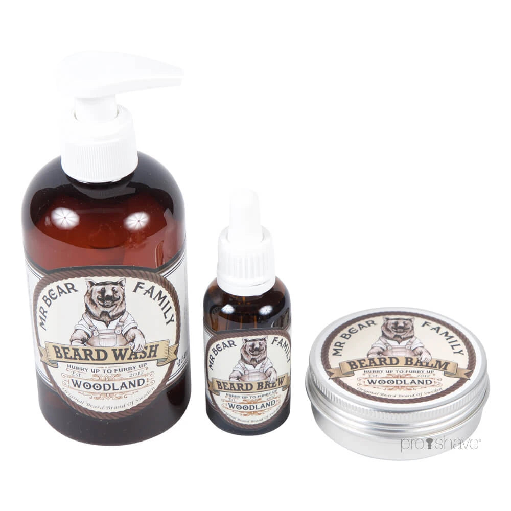 Mr  Bear Woodland Sæt  Skægshampoo  Skægolie Og Skægbalm