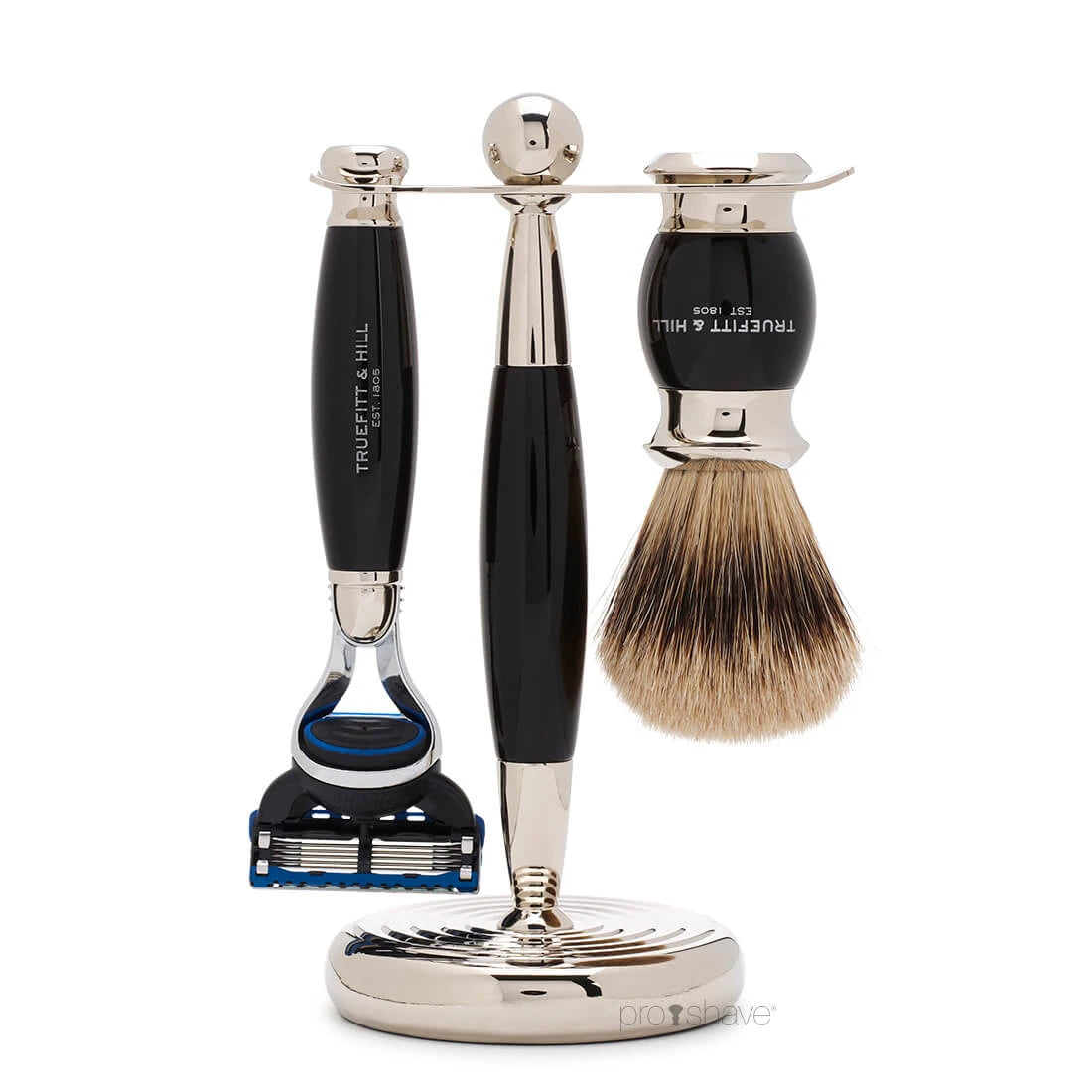 Truefitt   Hill Barbersæt Med Fusion Skraber  Grævlingebørste Og Holder  Edwardian  Faux Ebony