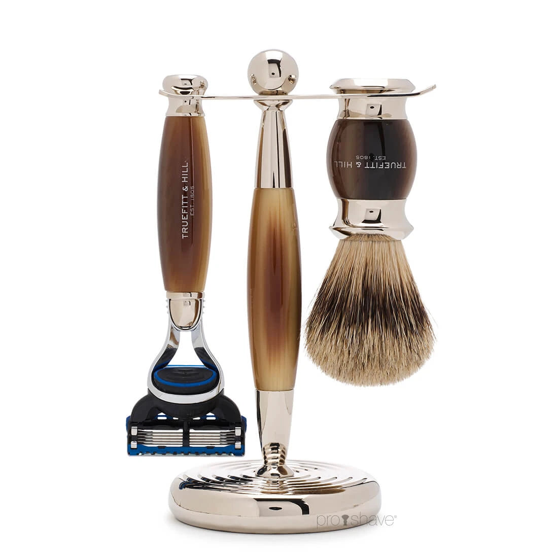 Truefitt   Hill Barbersæt Med Fusion Skraber  Grævlingebørste Og Holder  Edwardian  Faux Horn