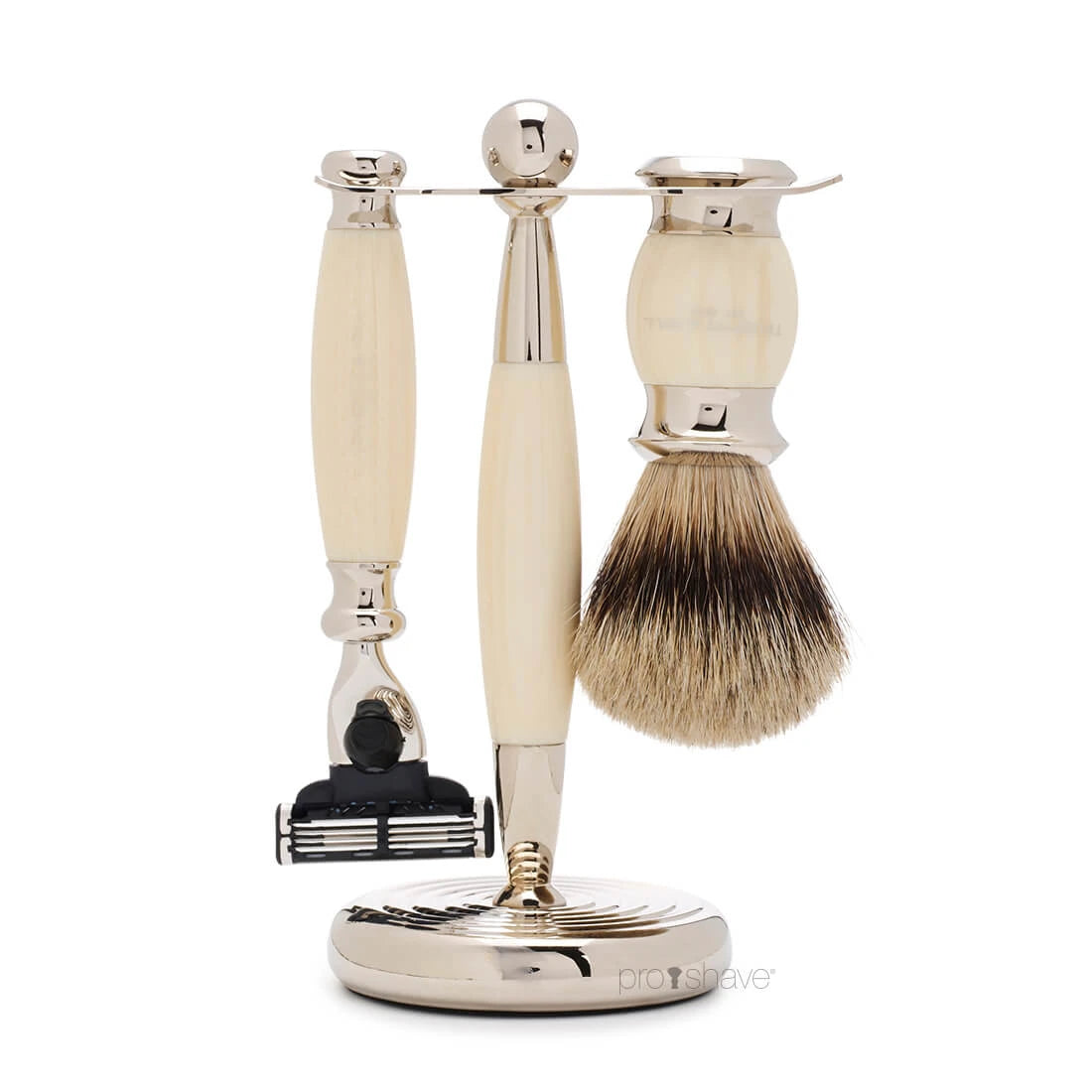 Truefitt   Hill Barbersæt Med Mach3 Skraber  Grævlingebørste Og Holder  Edwardian  Faux Ivory