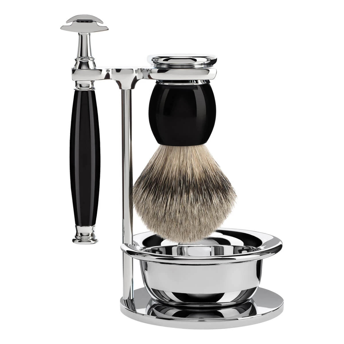 M? Hle Shaving Barbersæt Med De Skraber  Silvertip Barberkost  Holder Og Skål  Sophist  Sort Kunstharpiks