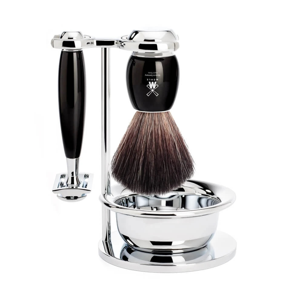 M? Hle Shaving Barbersæt Med De Skraber  Black Fibre Barberkost  Holder Og Skål  Vivo  Sort Kunstharpiks