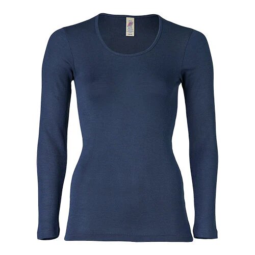 Langærmet Bluse  Uld Silke  Navy  Str  42 44