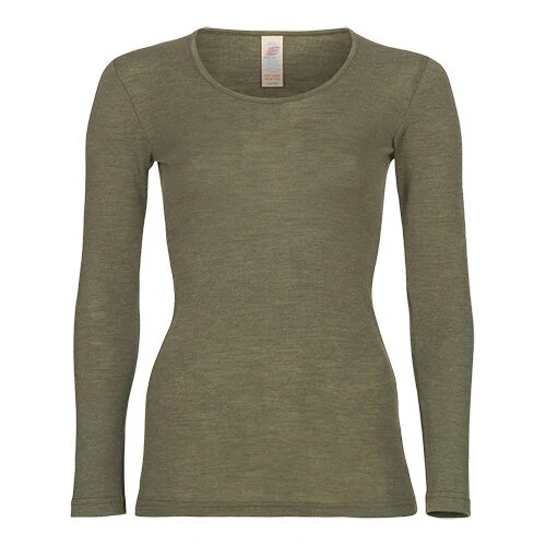 Langærmet Bluse  Uld Silke  Olive  Str  38 40